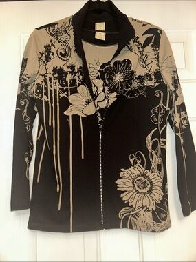 Jess & Jane Rhinestone Cane Floral Knit Top/Full-Zip Jacket Set S Black Tan USA